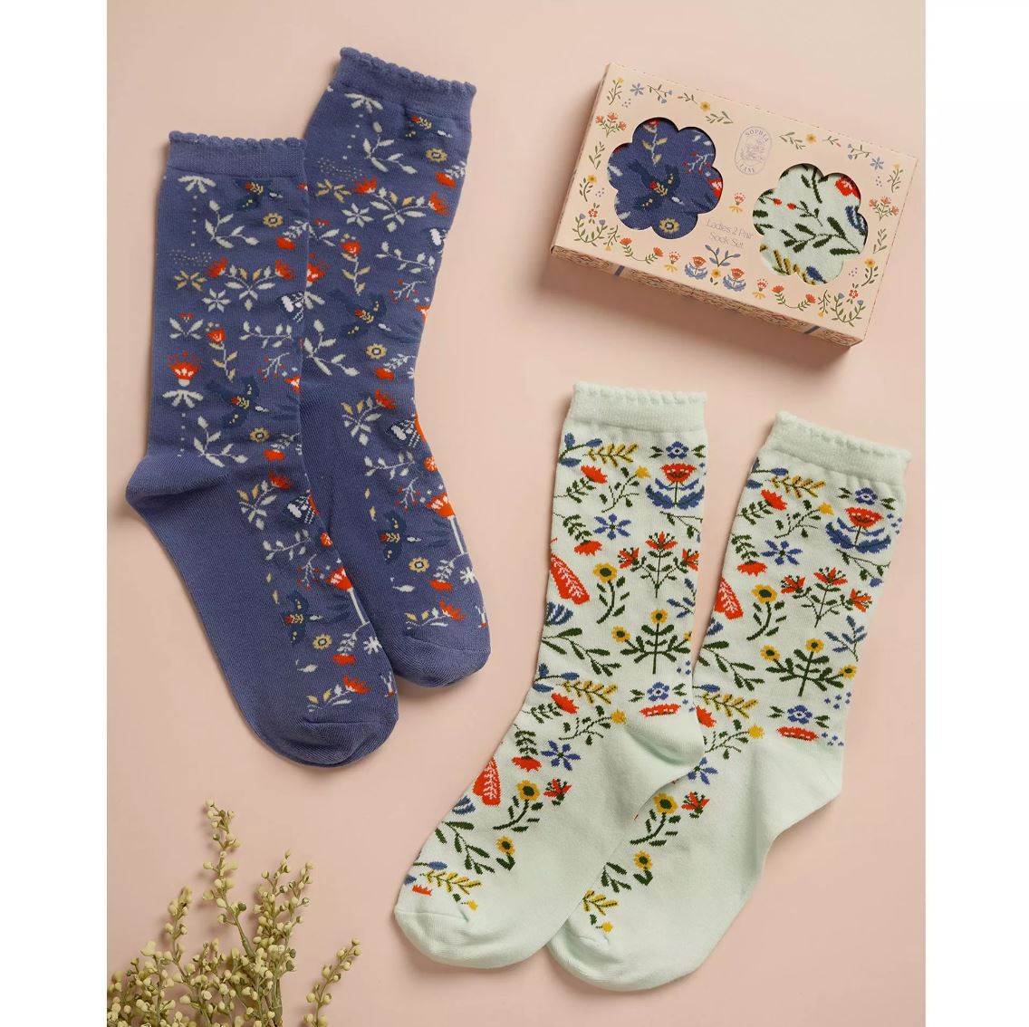 Sophia Lane Ladies Floral Socks – 2 Pairs Cotton Rich Socks, Green & Blue, Size 4–7