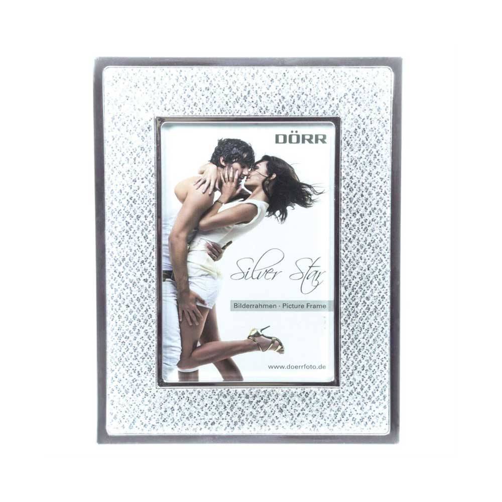 A silver photo frame with a diamond, mirrored border and a couple embracing in the center. The frame has a 'cracked' mirror effect and is labeled with the brand name DORR.