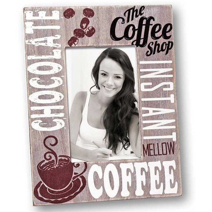 A brown wooden photo frame with a 6x4 inch aperture, featuring text and design elements related to a coffee theme, such as a coffee cup and beans, with a portrait of a woman inside.