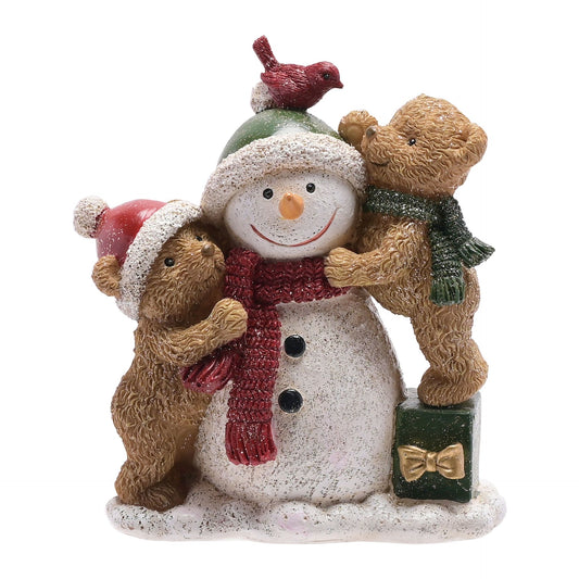 Snowman and Teddy Bears Scene Christmas Figurine - 5.31 x 2.44 x 4.64