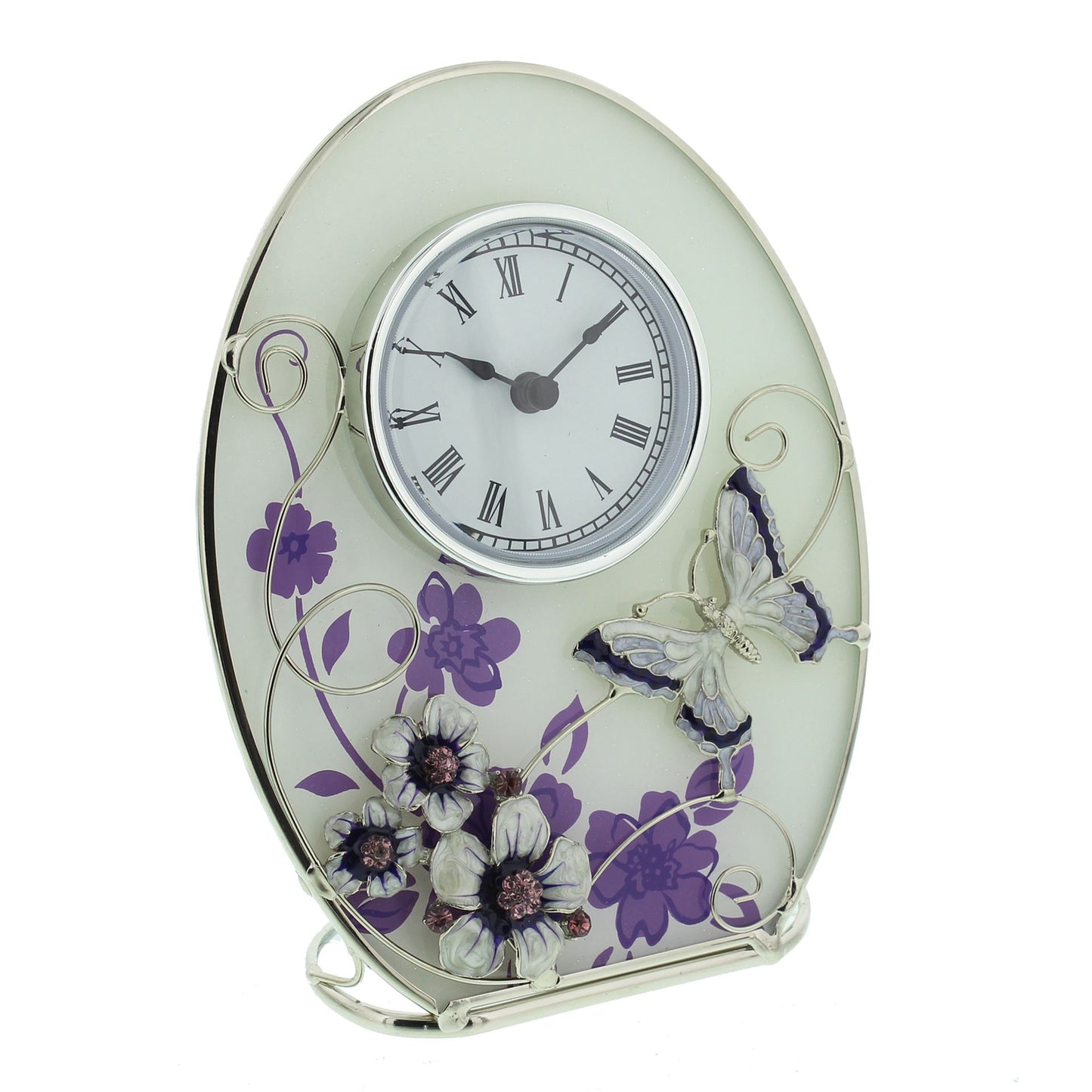 Beautiful 'Juliana,' oval, glass, clock decorated with purple flowers, crystals and a butterfly