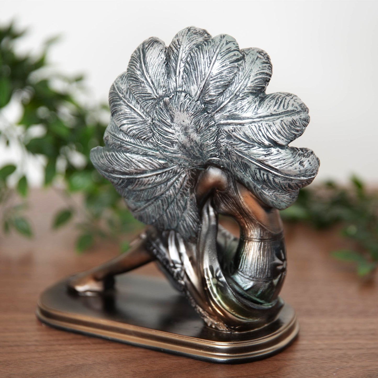 Silhouette Collection Lady Figurine Bronze & Green- Sitting with Peacock Feather- 21 x 20.5 x 9.5cm