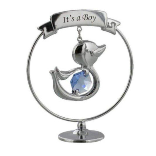 Crystocraft Duck - "It's a boy" New Baby Gift Decoration with Blue Swarovski Crystal