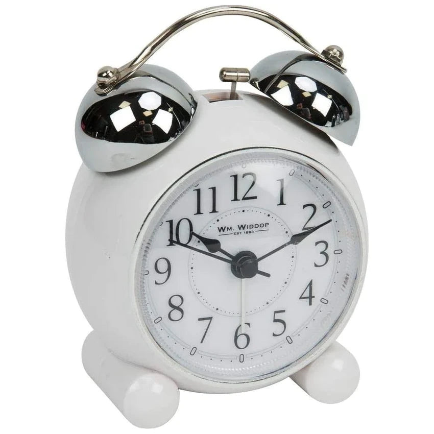William Widdop White Round Retro Bell Alarm Clock, Non-Ticking 10.5 x 9 x 5 cm