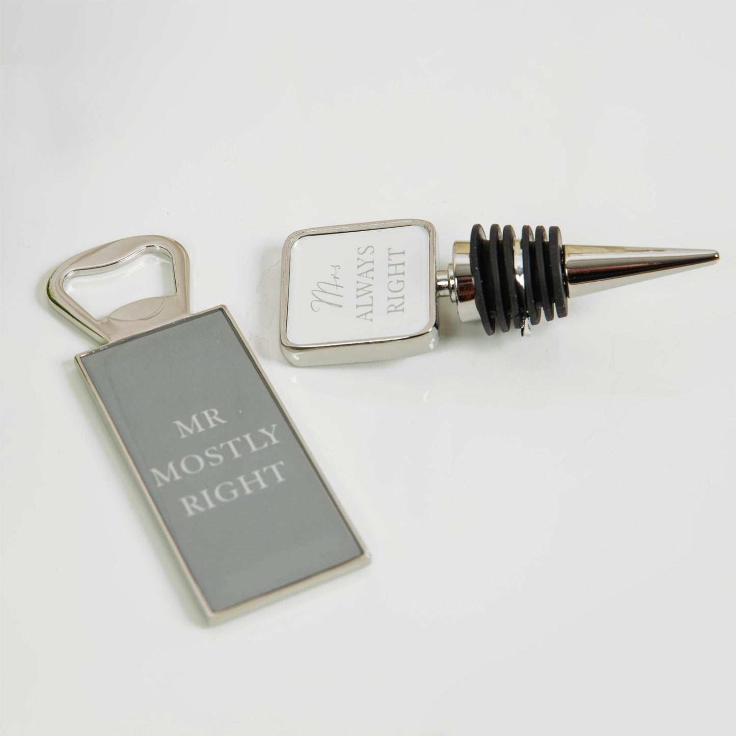 Mr Mostly Right & Mrs Always Right Bottle Opener & Bottlestopper Wedding Set in Gift Box