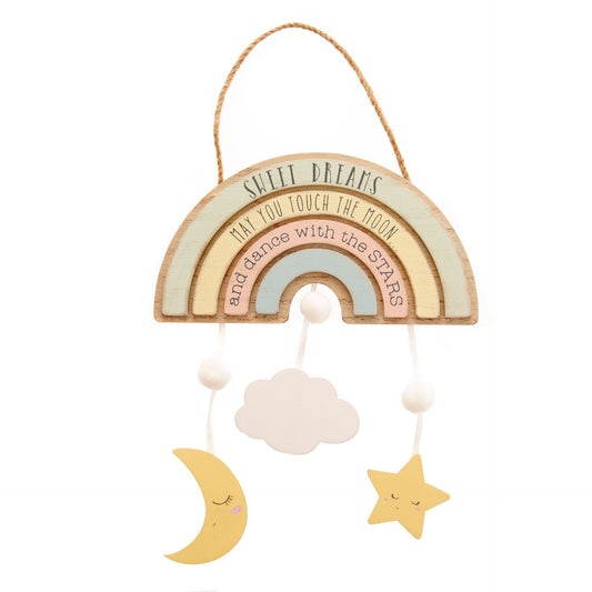 A multicolored wooden hanging plaque sign with a rainbow design and the text 'Sweet Dreams - Touch the Moon - Dance with the Stars'.