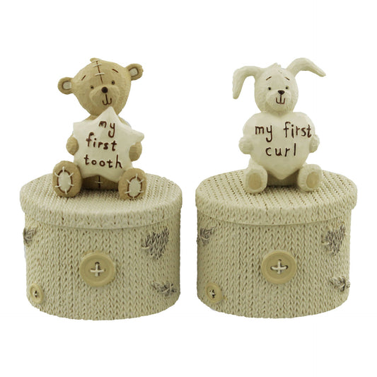 Button Corner Resin First Tooth and First Curl Set Christening Rabbit & Teddy Trinket Boxes