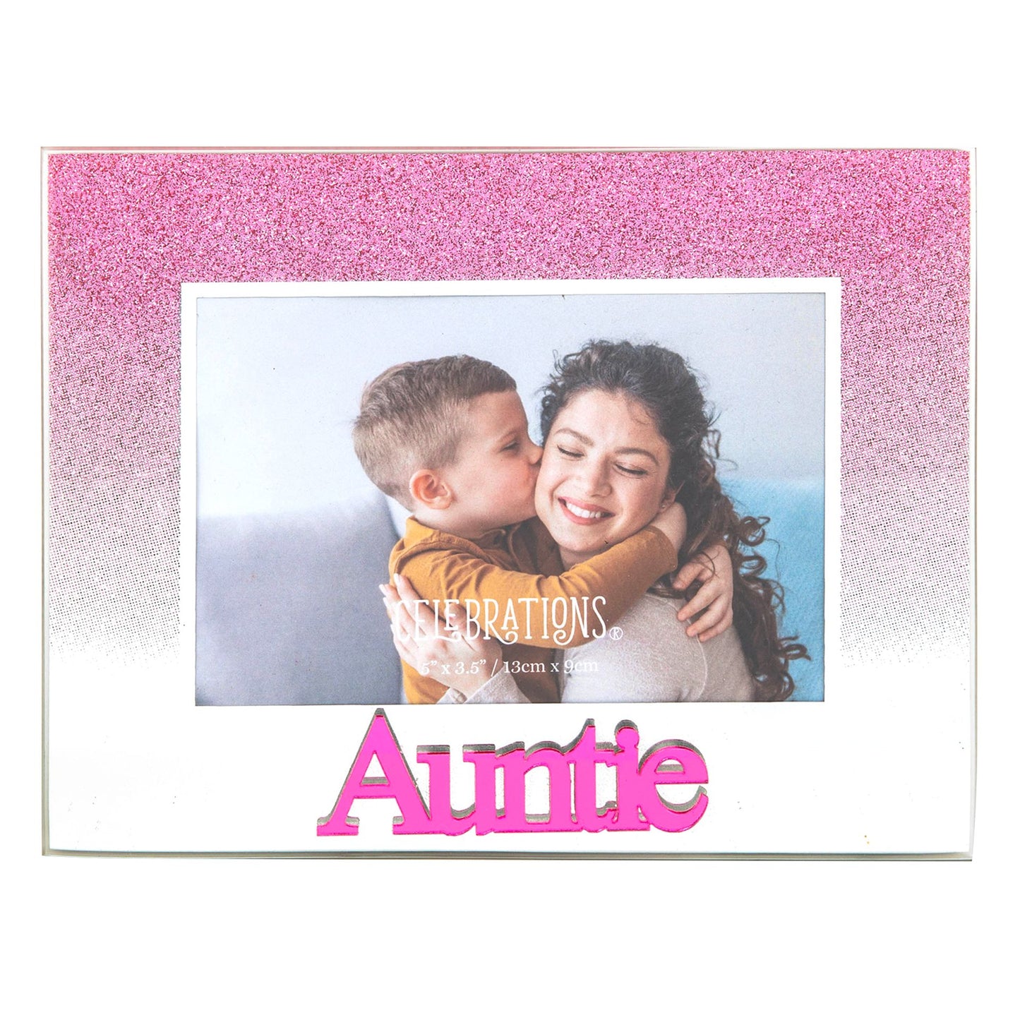 Celebrations Auntie Pink Glitter Glass Frames | Standing Strut | Mirror Finish