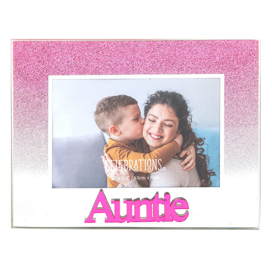 Celebrations Auntie Pink Glitter Glass Frames | Standing Strut | Mirror Finish