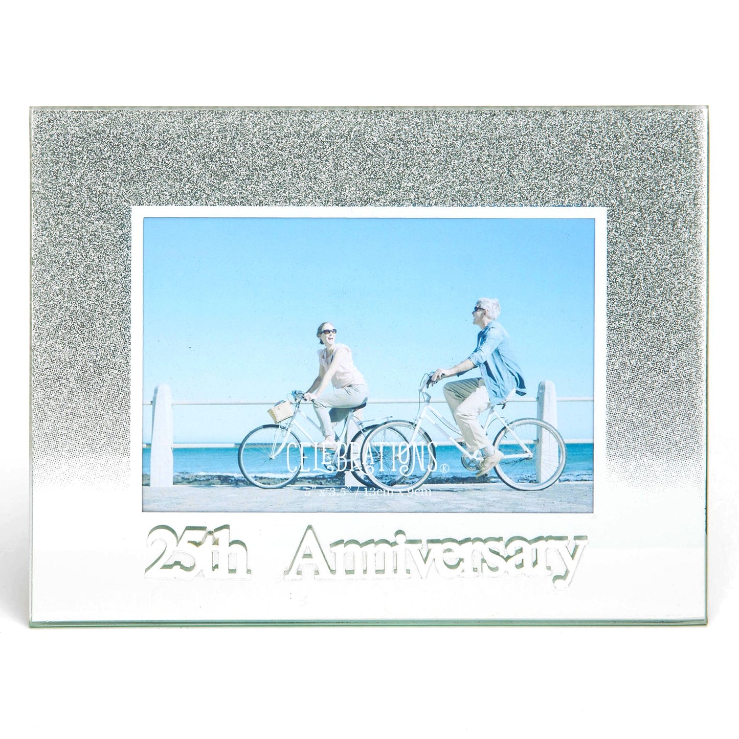 Celebrations 25th Anniversary Silver Glitter Glass Frames | Standing Strut | Mirror Finish
