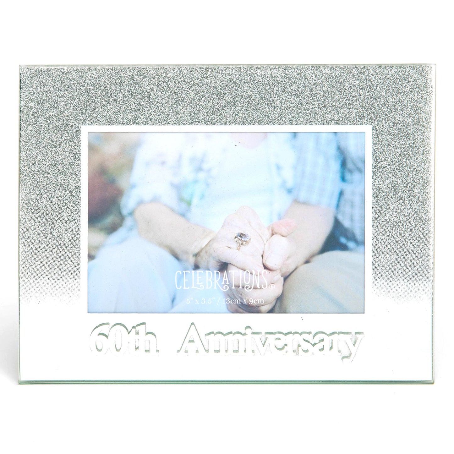 Celebrations 60th Anniversary Silver Glitter Glass Frames | Standing Strut | Mirror Finish
