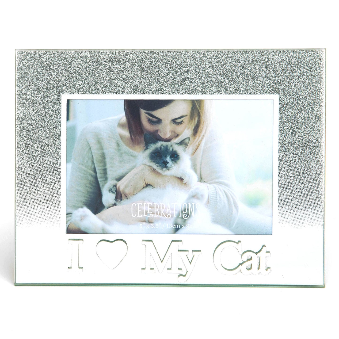 Celebrations I Heart My Cat Silver Glitter Glass Frames | Standing Strut | Mirror Finish