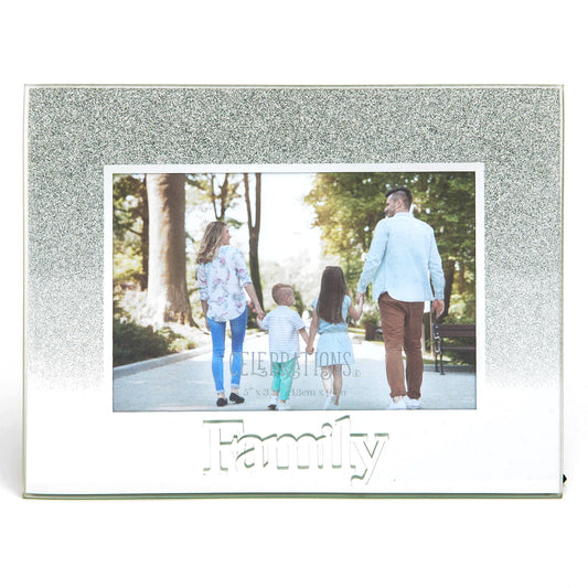 Celebrations Family Silver Glitter Glass Frames | Standing Strut | Mirror Finish
