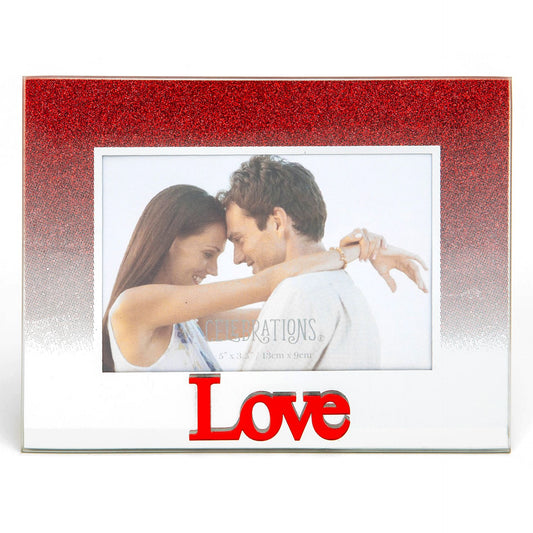 Celebrations Love Red Glitter Glass Frames | Standing Strut | Mirror Finish