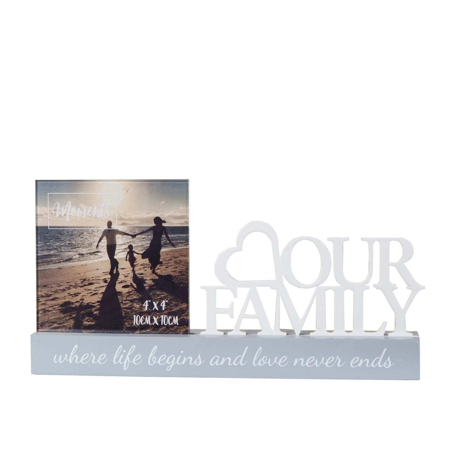 A grey, freestanding MDF photo frame with the inscription 'our family' and 'where life begins and love never ends' on a photo of a family beach scene.