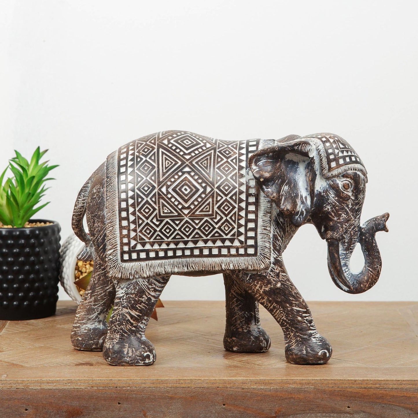 Aztec Patterned Vintage Carved Wooden Effect Elephant Figurine