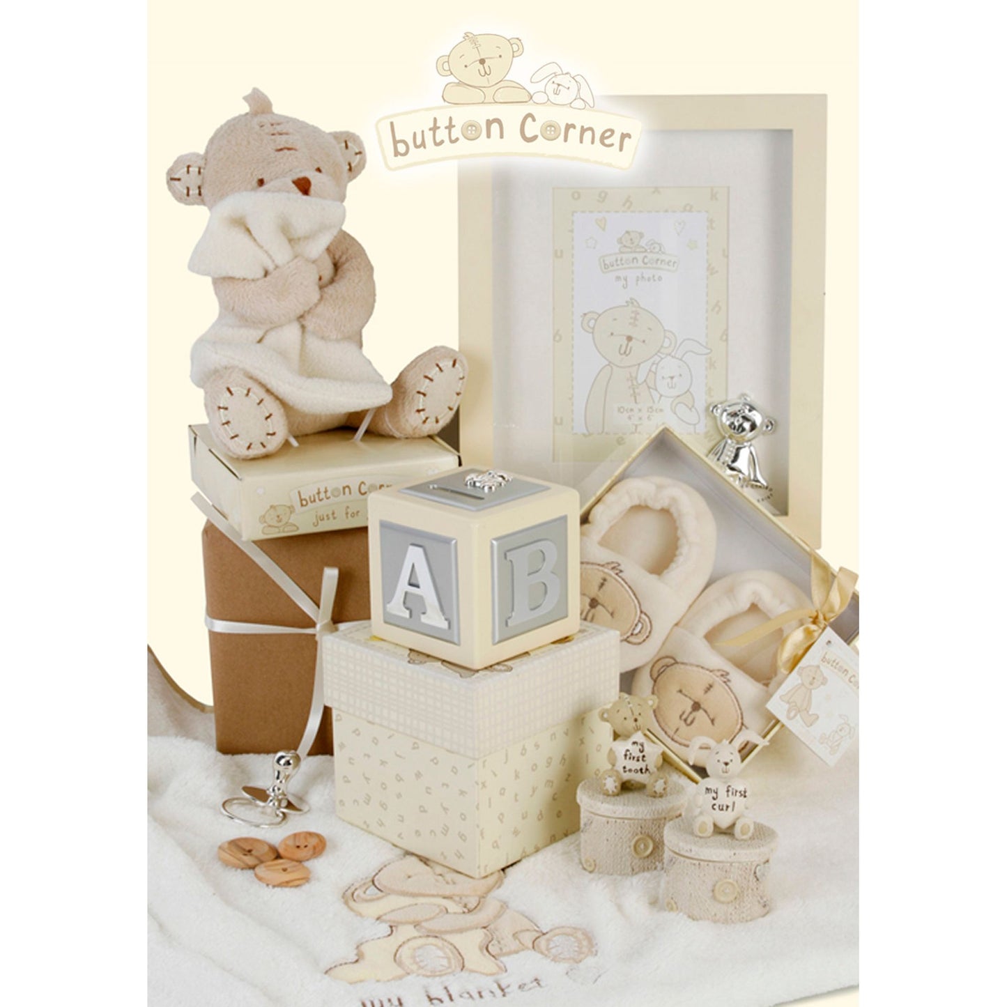 Button Corner Resin First Tooth and First Curl Set Christening Rabbit & Teddy Trinket Boxes