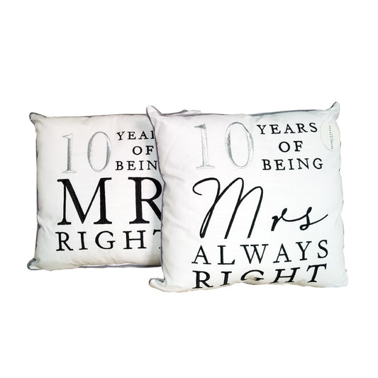 10th Anniversary Gift - Mr and Mrs Right Cushion Set