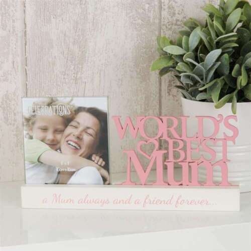 A pink rectangular MDF photo frame with the inscription 'WORLD'S BEST MUM' and a heart symbol, designed to hold a 4x4 inch photo.