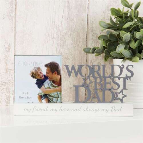 Beautiful frame in front of plant pot with Worlds best dad written to the side of a 4x4 photo