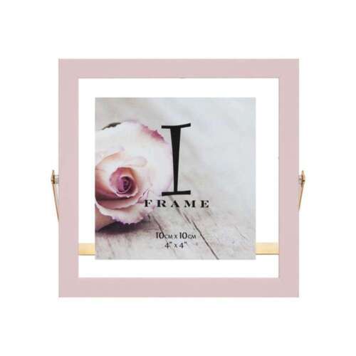 A light pink photo frame with a gold-effect metal stand, designed for 4x4 inch photos, displaying a photo of a pink rose.
