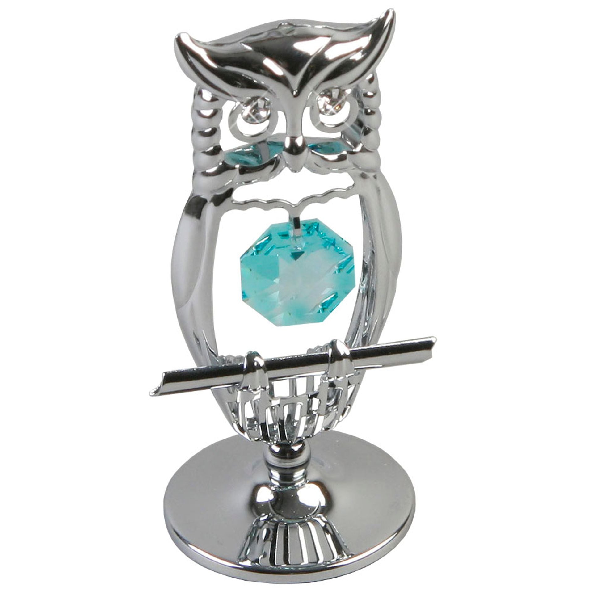A silver chrome plated owl ornament with a blue aqua marine crystal embellishment in its nest.