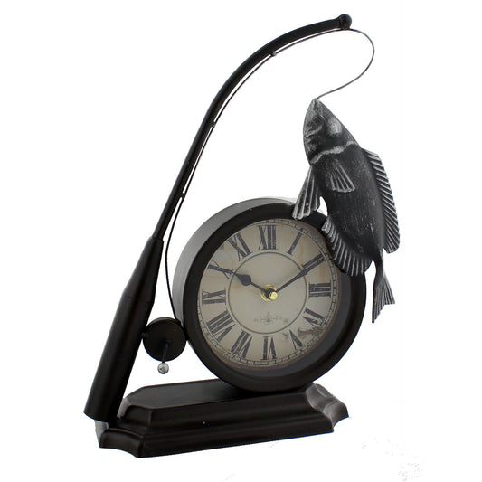 Hometime Metal Mantel Clock - Vintage Style Fishing Rod & Fish