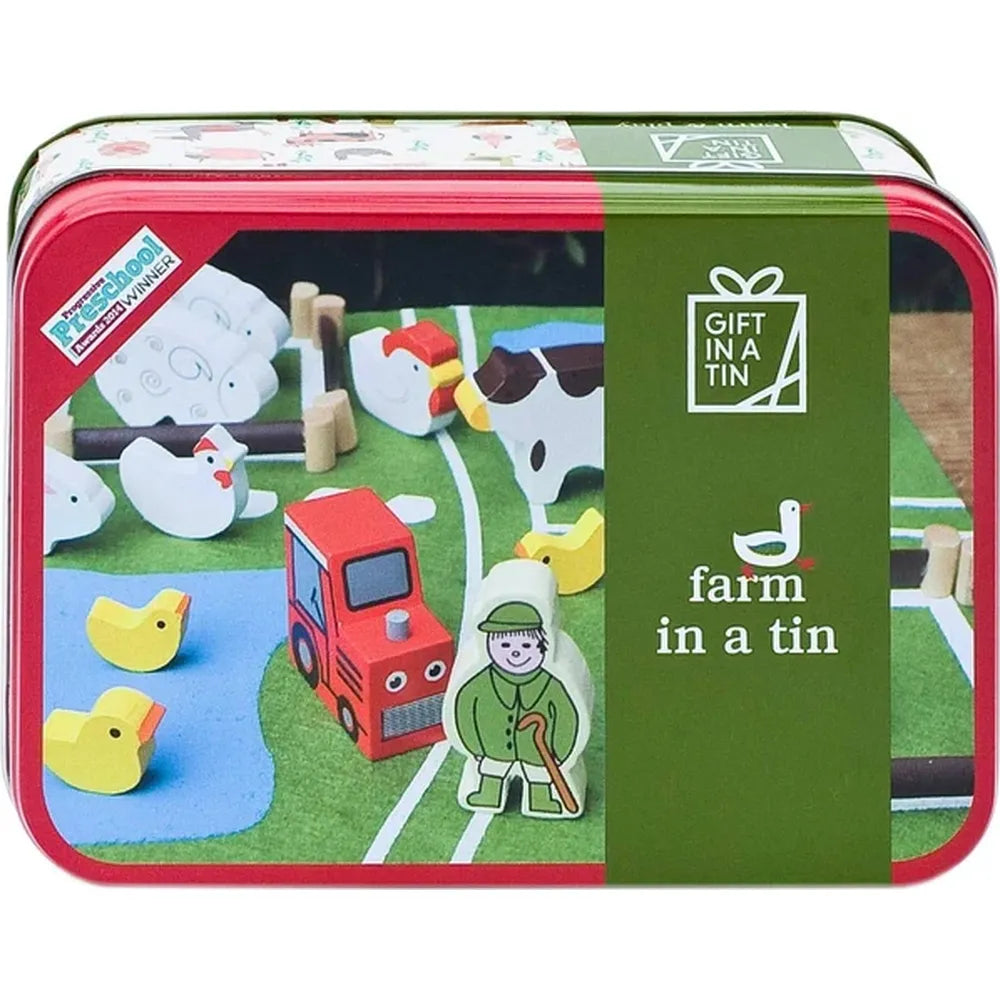 APPLES TO PEARS® Farm Gift in a Tin – Wooden Farm Animal Play Set with Felt Play Mat