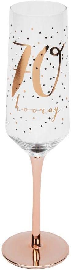 Champagne flute with '70 hooray' text and rose gold accents on a white background