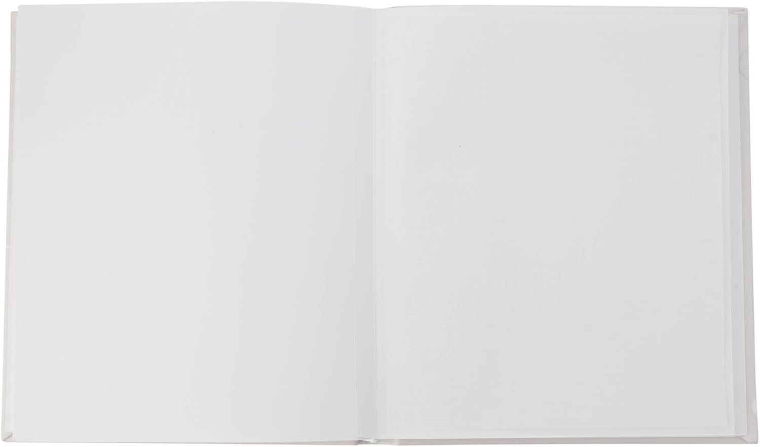 Open notebook with blank white pages on a light gray background