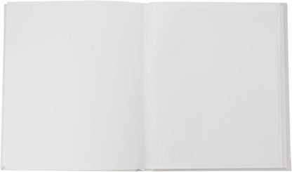 Open notebook with blank white pages on a light gray background