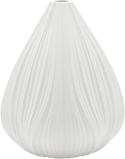 A white teardrop-shaped ceramic vase with a textured vertical ribbed pattern, shown against a plain white background.