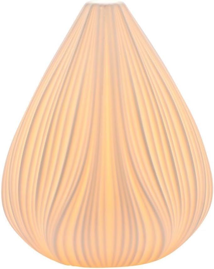 A teardrop-shaped lampshade with a vertical ribbed texture, glowing with a warm yellow light against a white background.