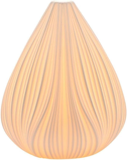 A teardrop-shaped lampshade with a vertical ribbed texture, glowing with a warm yellow light against a white background.
