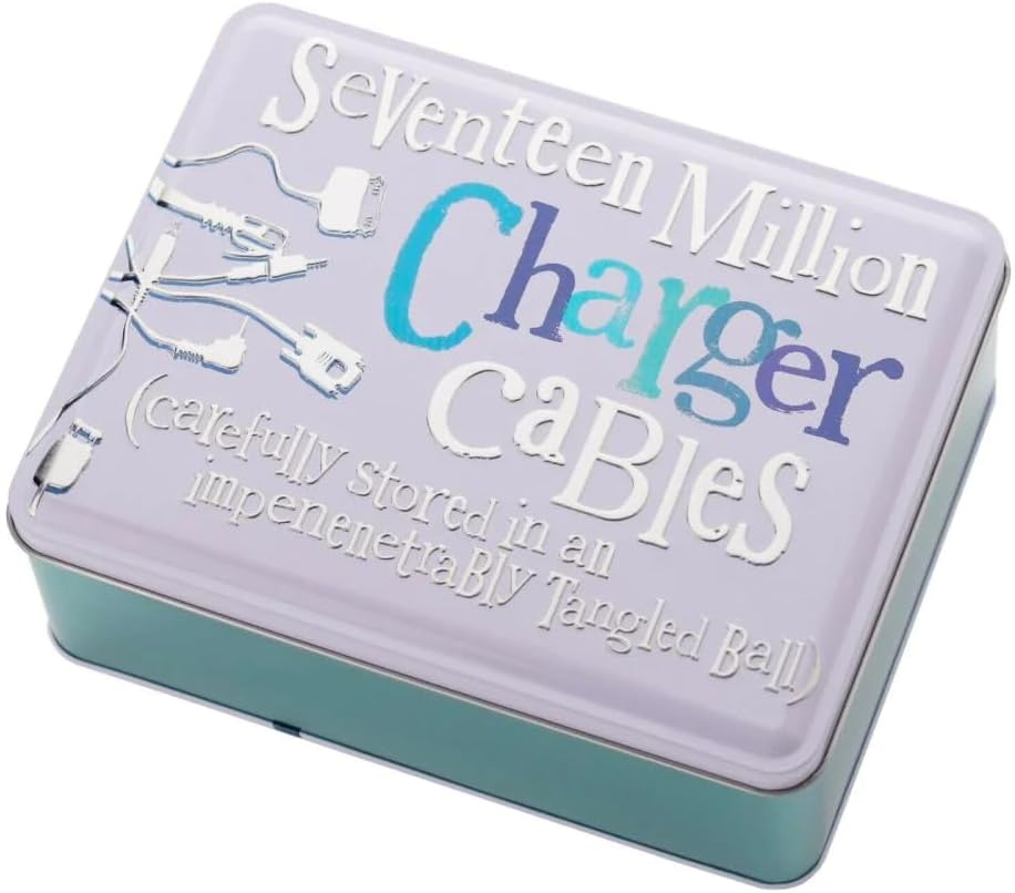 Tin box with text 'Seventeen Million Charger Cables' on a white background