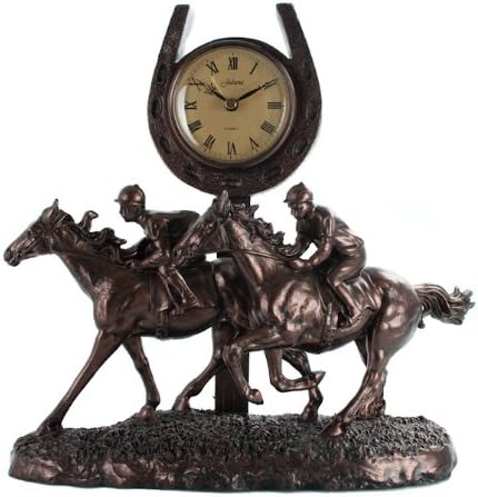A bronze-finished horse racing clock featuring three jockeys on galloping horses, with a horseshoe-shaped clock face mounted above them on a textured base.