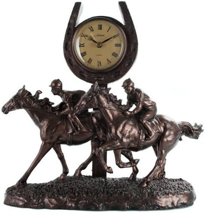 A bronze-finished horse racing clock featuring three jockeys on galloping horses, with a horseshoe-shaped clock face mounted above them on a textured base.