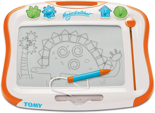 Tomy Megasketcher drawing board with a dinosaur outline and colorful buttons.
