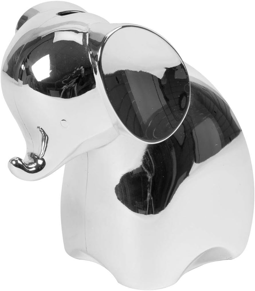 Silverplated elephant-shaped object on a white background