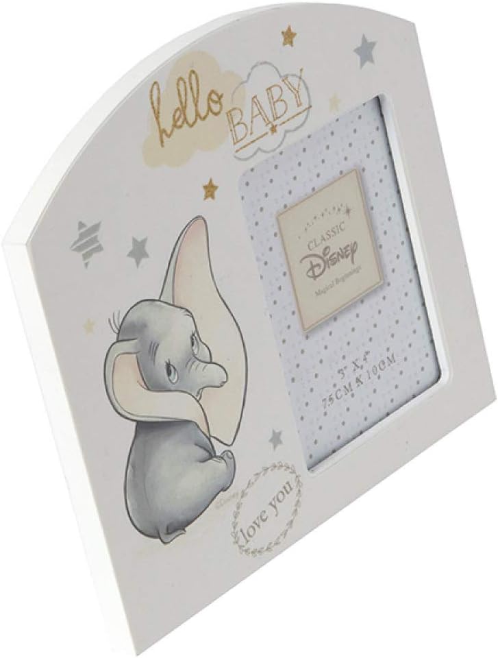 Baby photo frame with Dumbo design and 'hello BABY' text on a white background