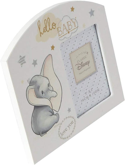 Baby photo frame with Dumbo design and 'hello BABY' text on a white background