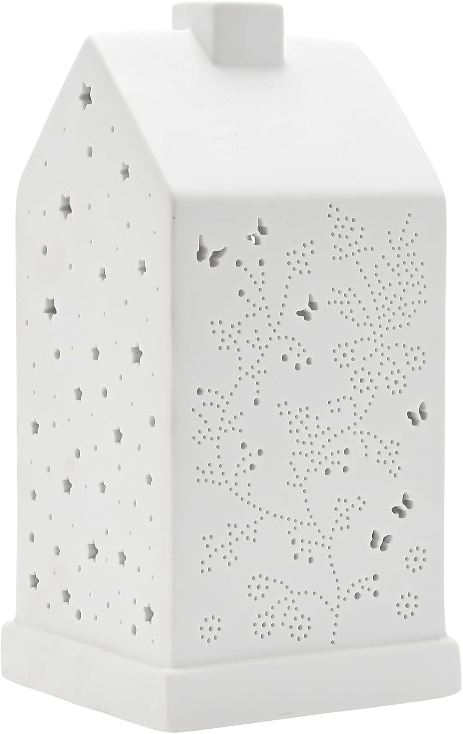 A white ceramic house-shaped night light with star and floral cutout patterns, shown on a plain white background.