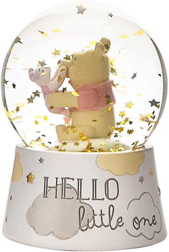 Snow globe with a bear and piglet inside, featuring the text 'Hello little one' on a white background.