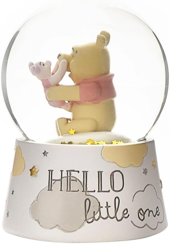 Decorative snow globe with Winnie the Pooh and Piglet inside a glass dome, featuring the text 'Hello little one'.