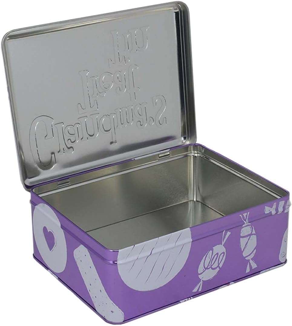 Purple metal tin with decorative elements and a silver lid on a white background