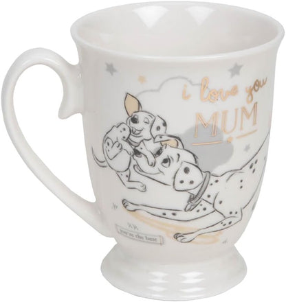 White mug with dog illustration and 'I love you Mum' text on a white background