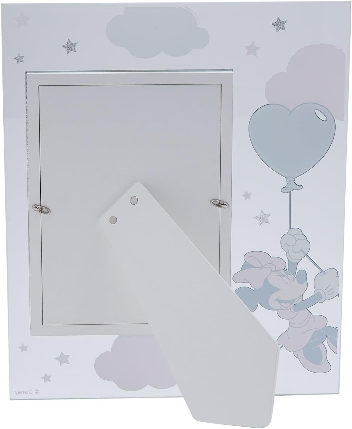 back of frame of Minnie Mouse holding onto a heart balloon, baby girl. Glass