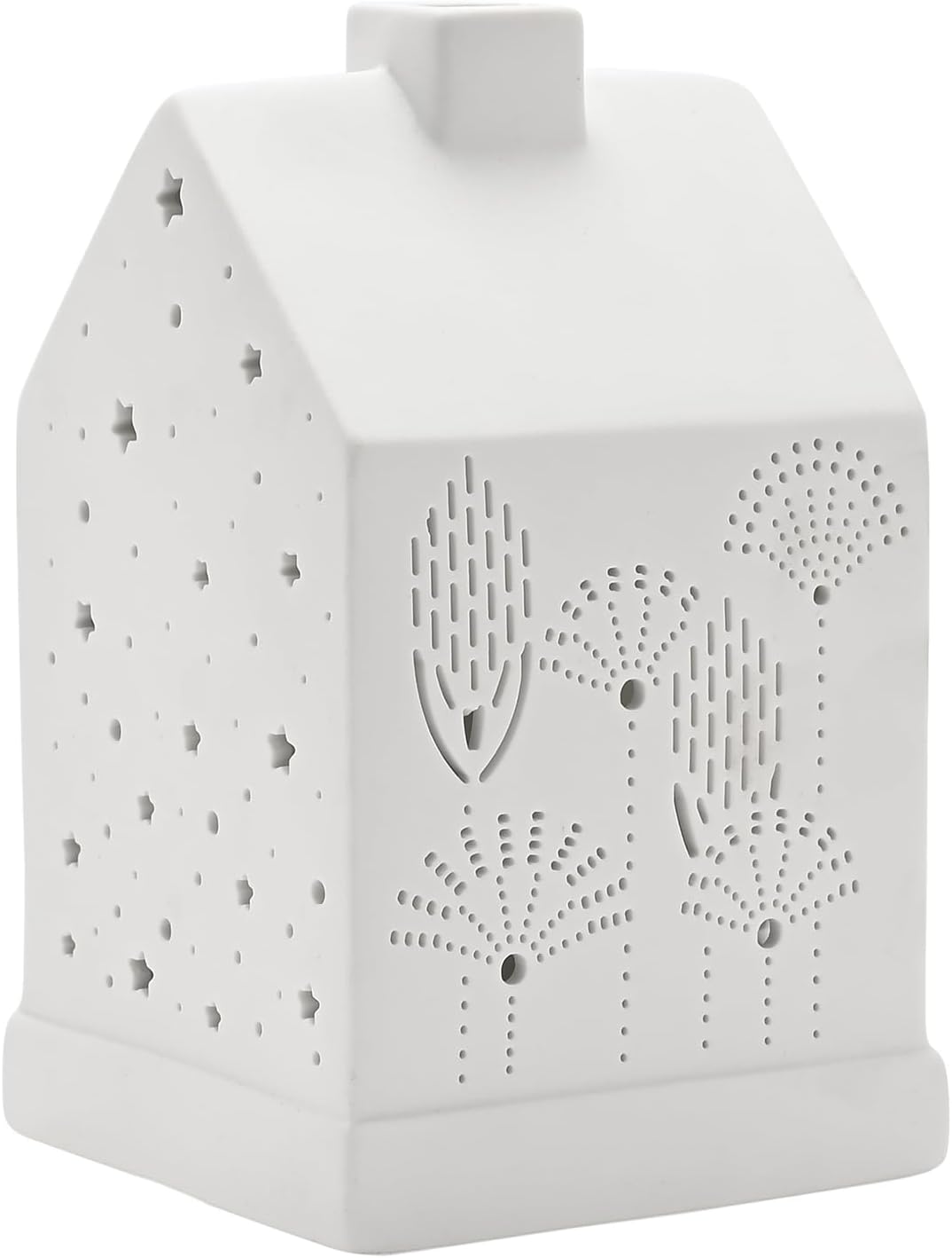 A white ceramic house-shaped night light with laser-cut star and tree patterns, shown on a plain white background.