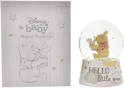 Disney Baby Magical Beginnings snow globe with Winnie the Pooh and Piglet, featuring the text 'Hello little one'.