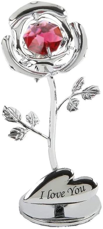Silver rose-shaped ornament with a red gem and 'I Love You' at the base on a white background